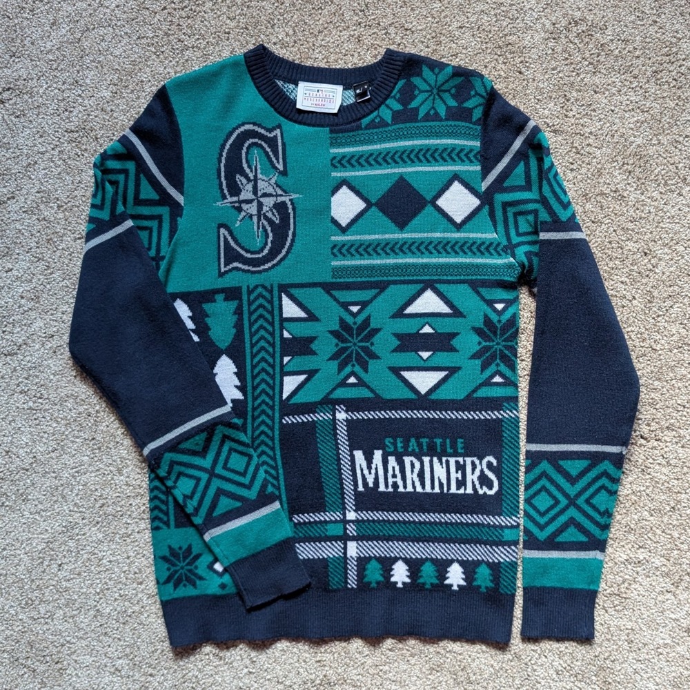 RARE Seattle Mariners Mens Small Ugly Xmas Sweater MLB Baseball Klew Blue